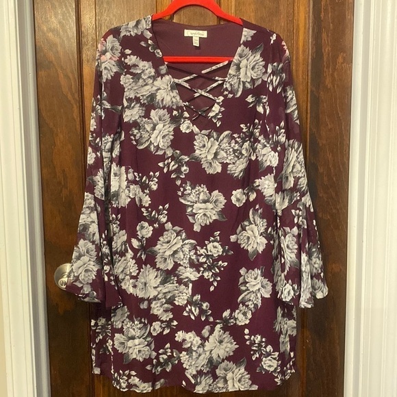Speechless Purple Gray Crisscross V-Neck Long Sleeve Floral Dress - Picture 1 of 7